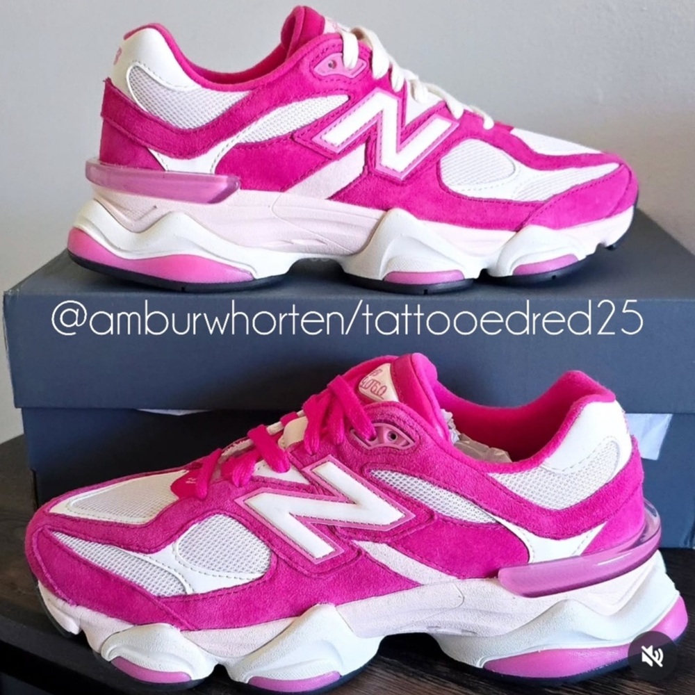 . New Balance Womens Fuschia Pink/White Suede 9060 Sneakers - Picture 5 of 15